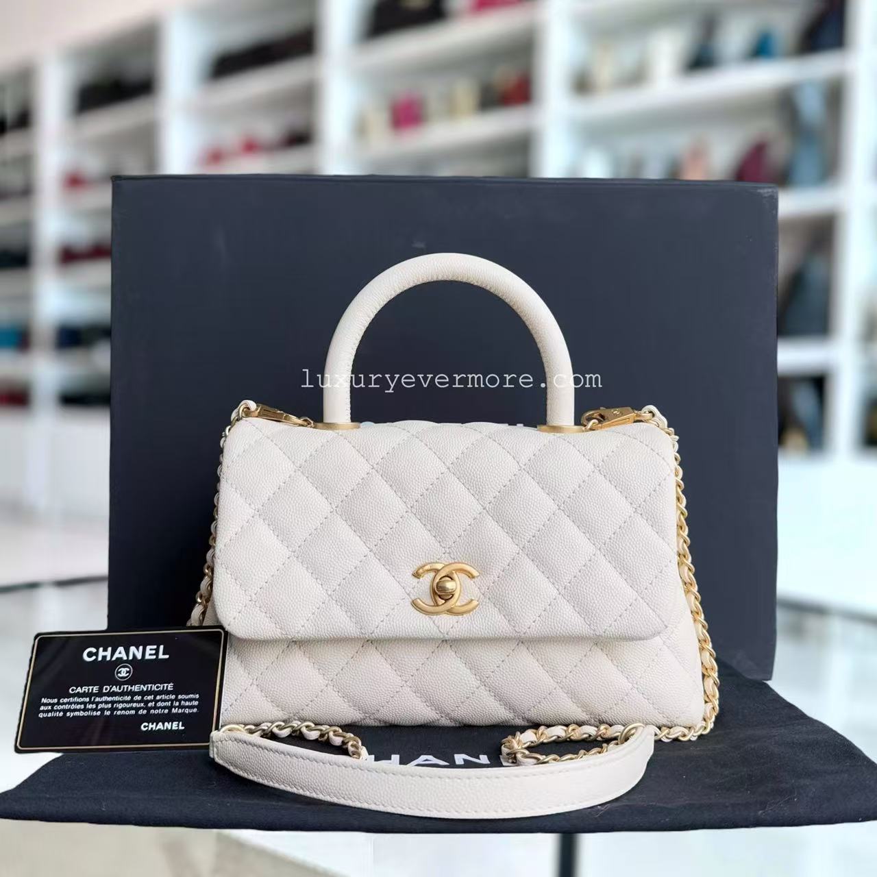Chanel Coco Handle Small - Caivar Quilted Cream White Gold Hardware Series 24