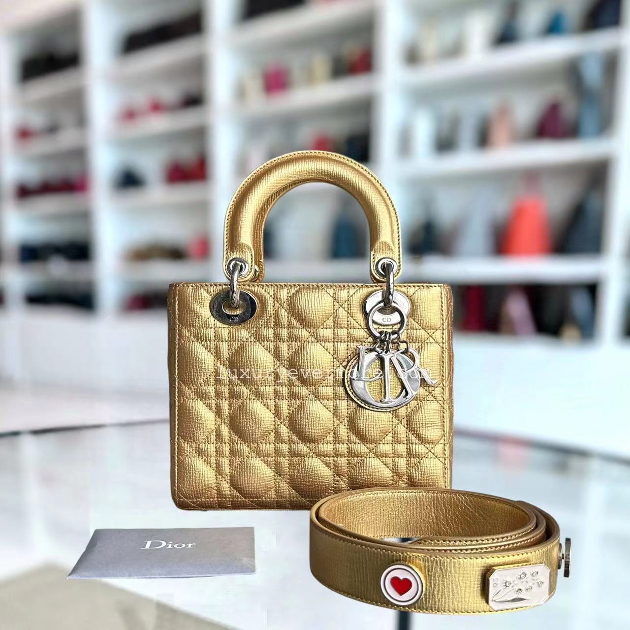 Dior Lady Small - Metallic Gold Cannage Calfskin Silver Hardware