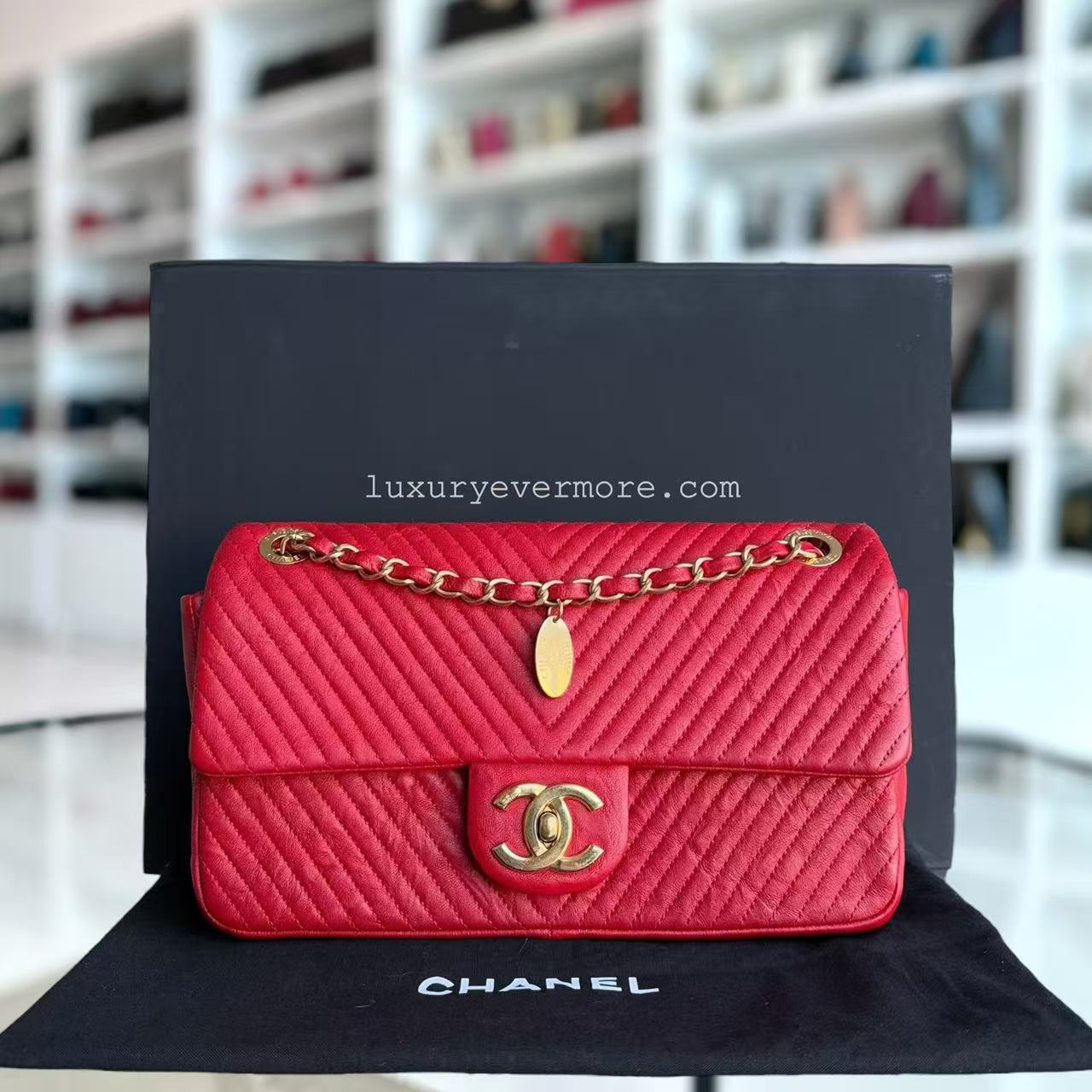 Chanel Herringbone Medallion - Chevron Seasonal Flap Red Calfskin Aged Gold Hardware Series 21