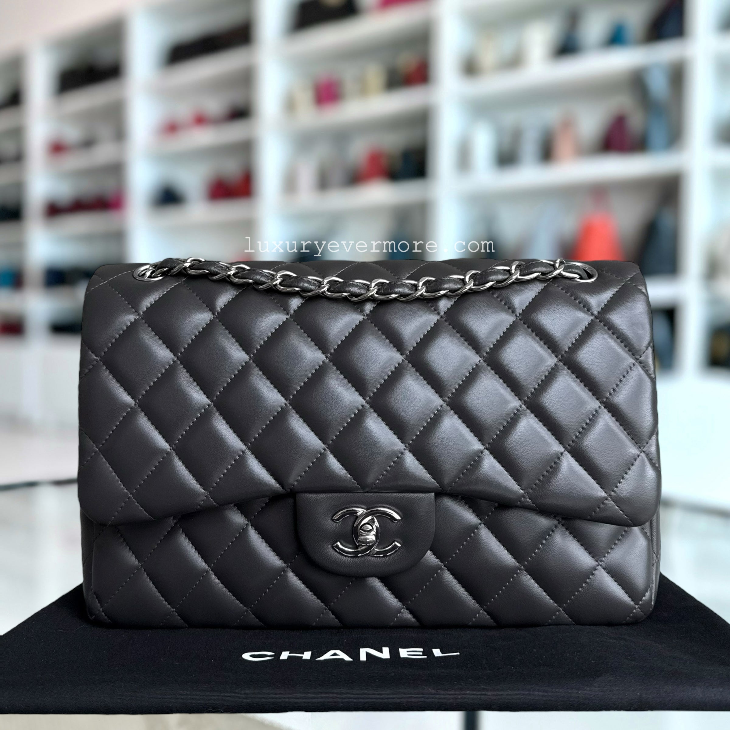 Chanel Classic Flap Jumbo - 30CM Quilted Lambskin Double Flap Dark Grey Gray Silver Hardware Series 16
