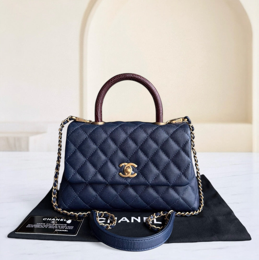 Chanel Coco Handle Small - Caviar Quilted Grained Calfskin Dark Navy Blue Lizard Handle Gold Hardware Series 24