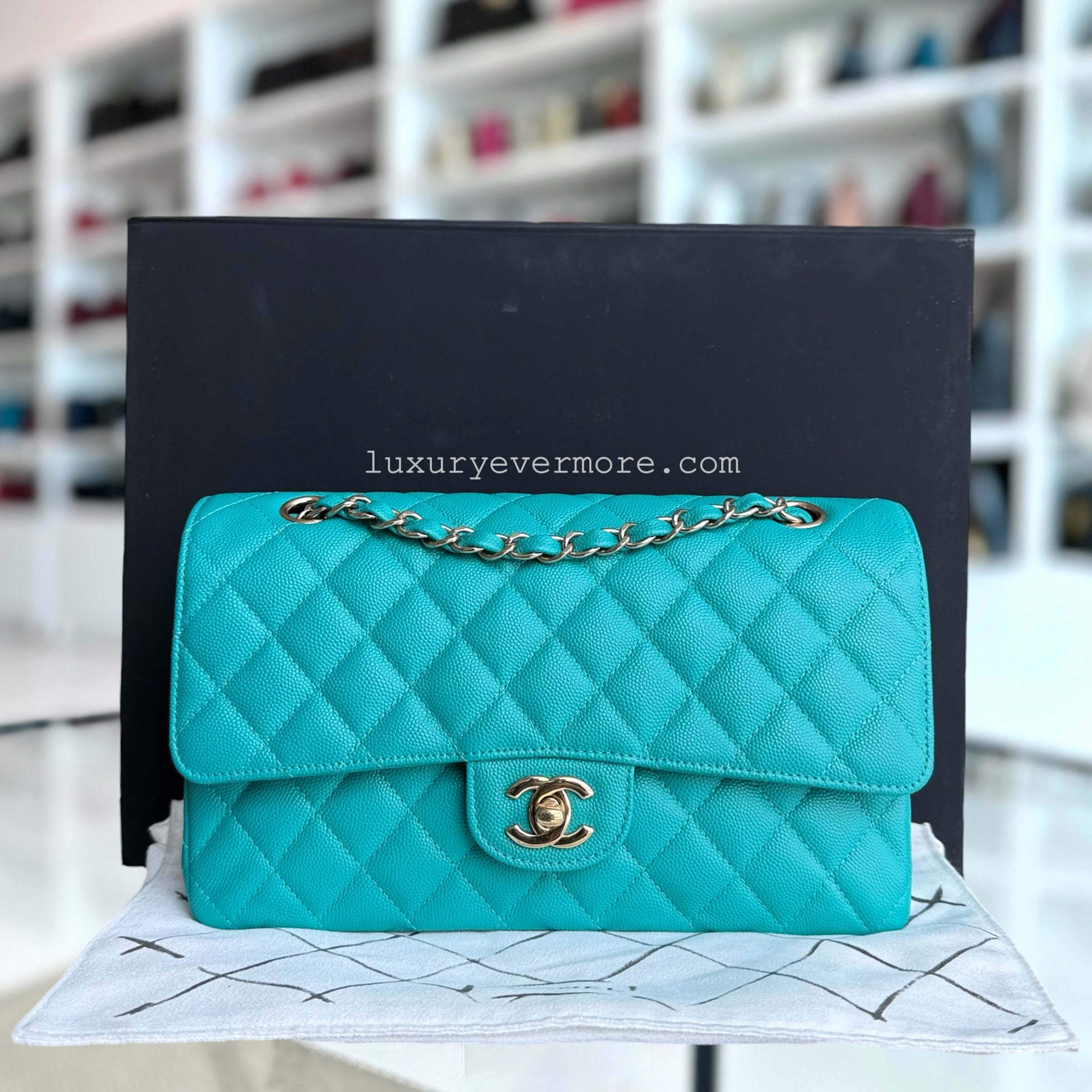 Chanel Classic Flap Medium - Caviar 25CM Quilted Cyan Blue Gold Hardware Series 23