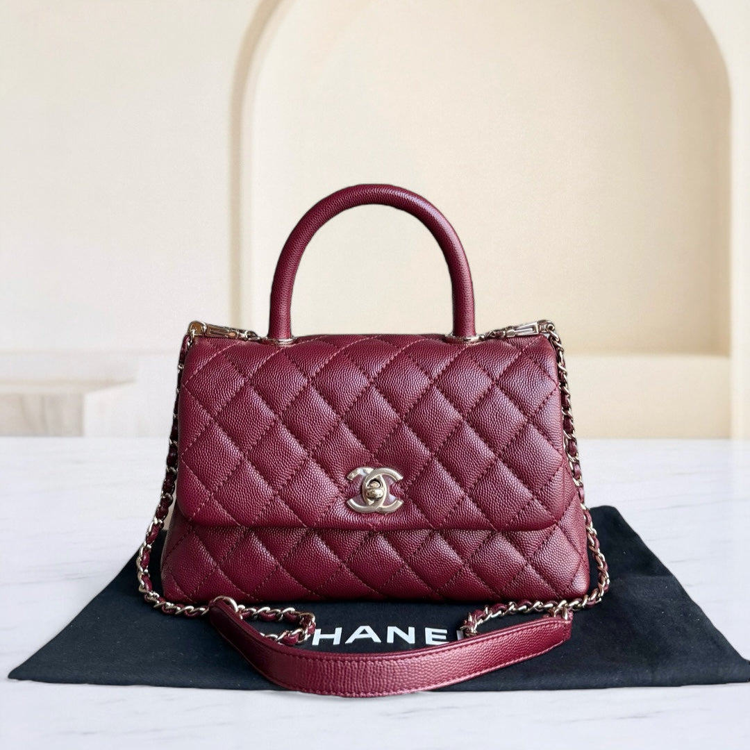 Chanel Coco Handle Small - Caviar Quilted Grained Calfskin Dark Red Burgundy Gold Hardware Series 30