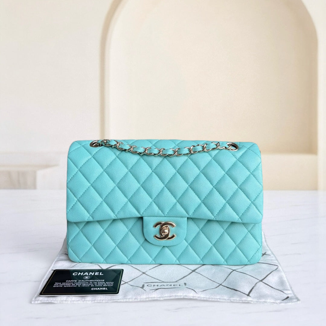 Chanel Classic Flap Medium - Caviar 25CM Quilted Grained Calfskin Light Blue Gold Hardware Series 26