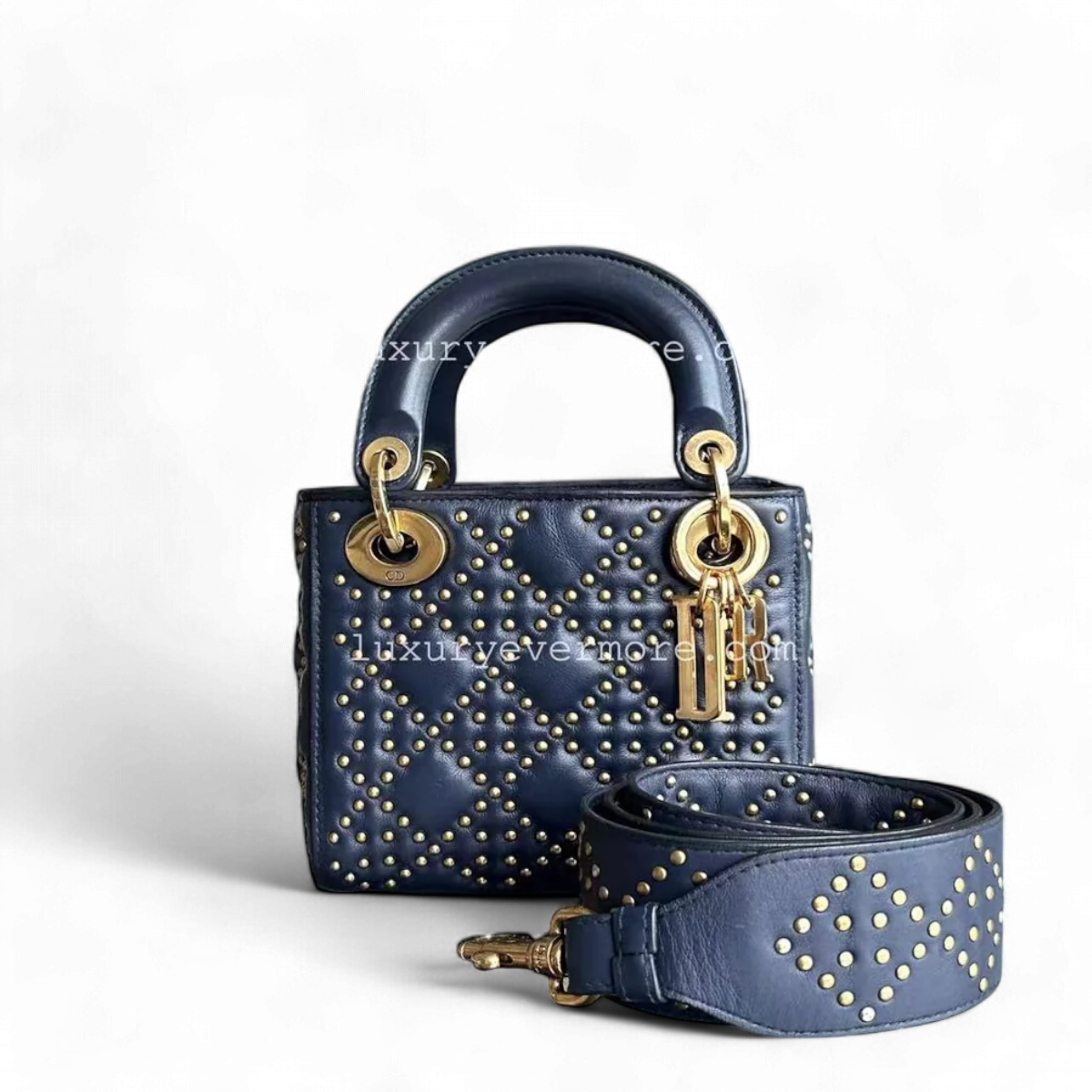 Dior Lady Mini - Studded Calfskin Dark Blue Golden Hardware