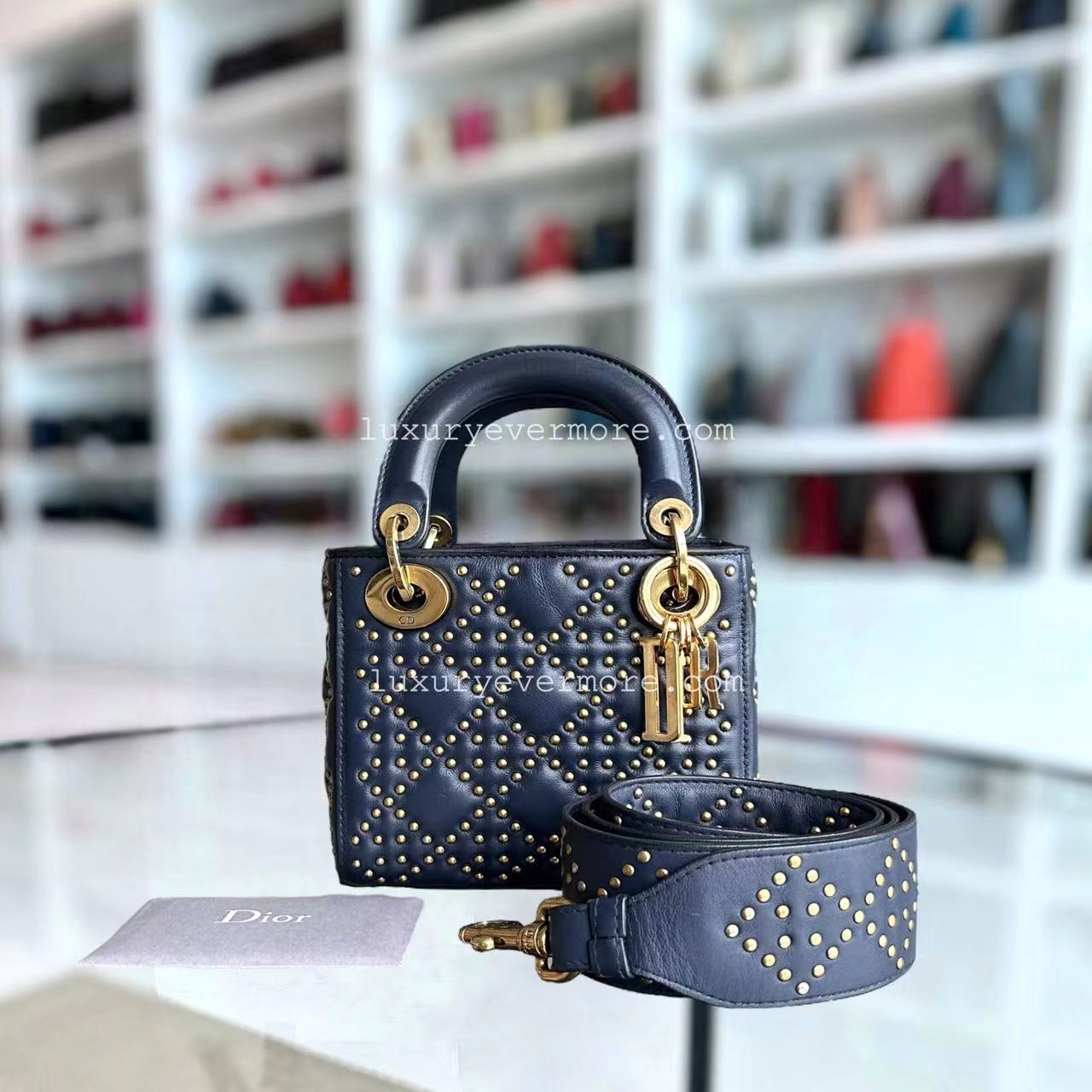 Dior Lady Mini - Studded Calfskin Dark Blue Golden Hardware