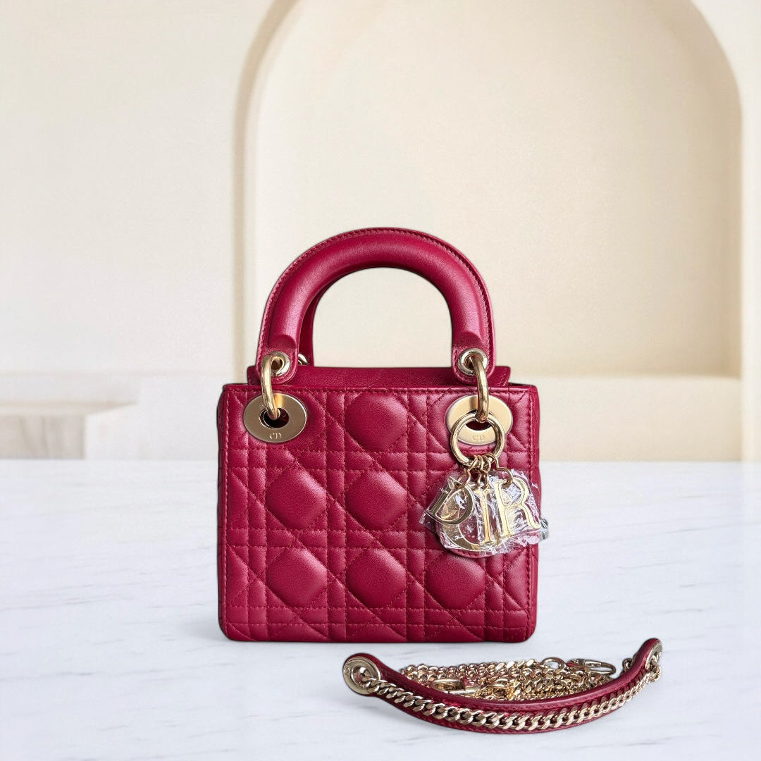 Dior Lady Mini - Cannage Lambskin Burgundy Gold Hardware