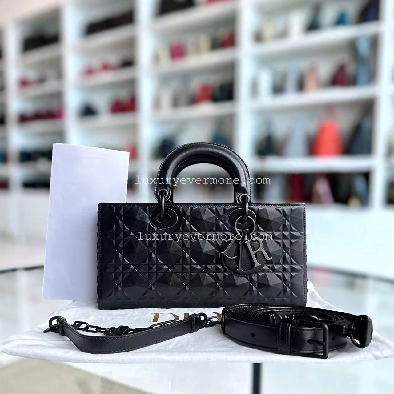 Dior D-Joy Medium - Black Cannage Dimond Motif All Black Hardware