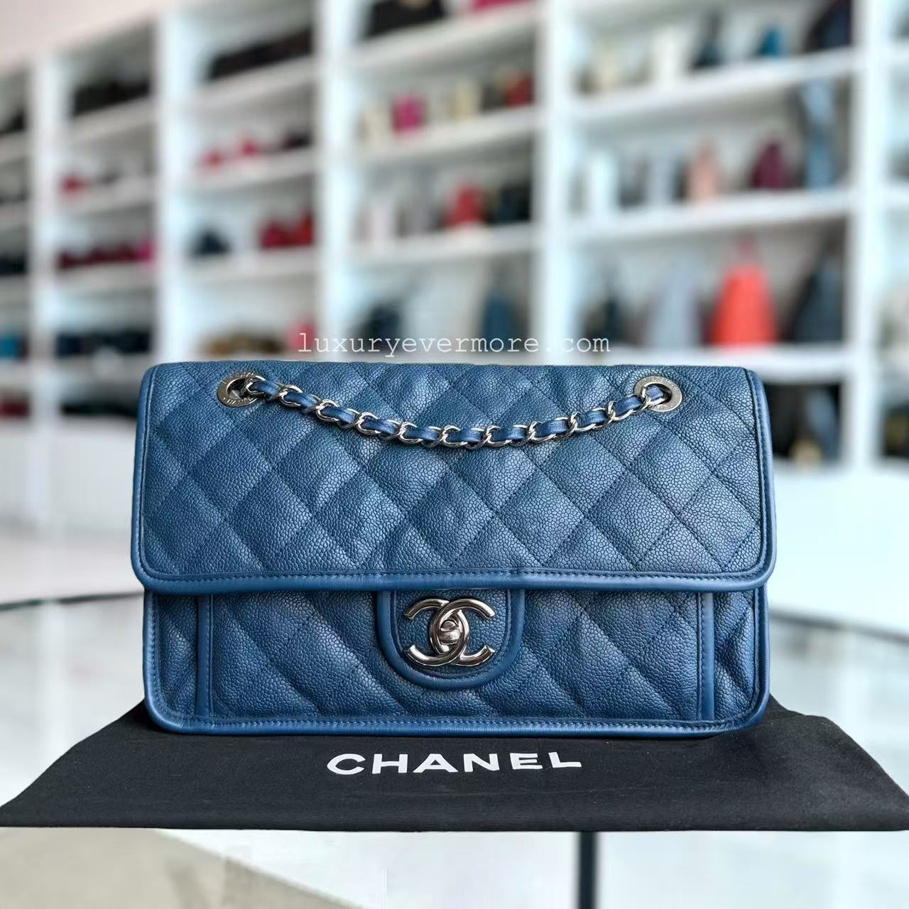 Chanel French Riviera - Caviar 25CM Quilted Blue Silver Palladium Hardware Series 15