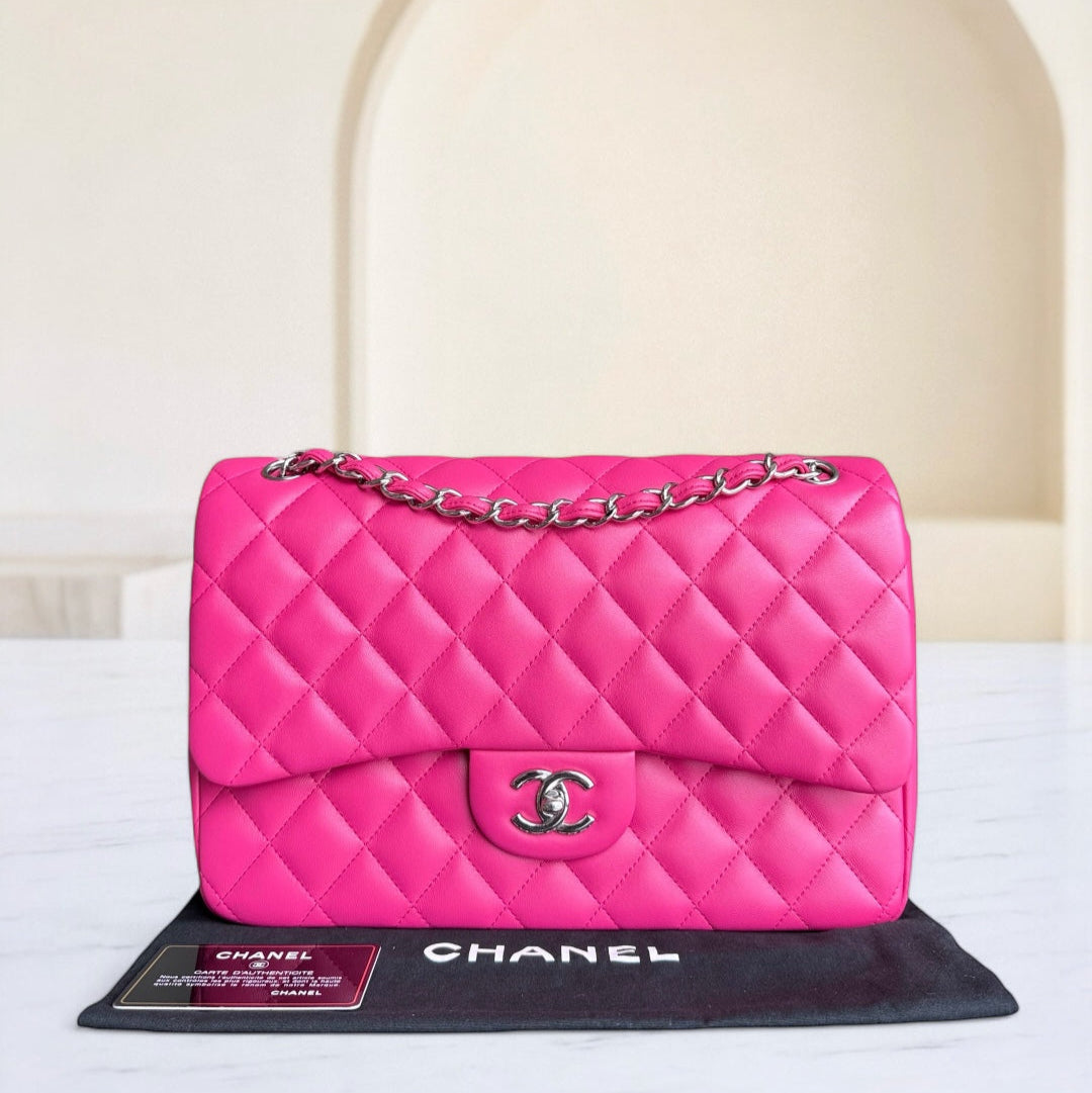 Chanel Classic Flap Jumbo - Double Flap 30CM Quilted Lambskin Hot Pink Silver Hardware Series 19