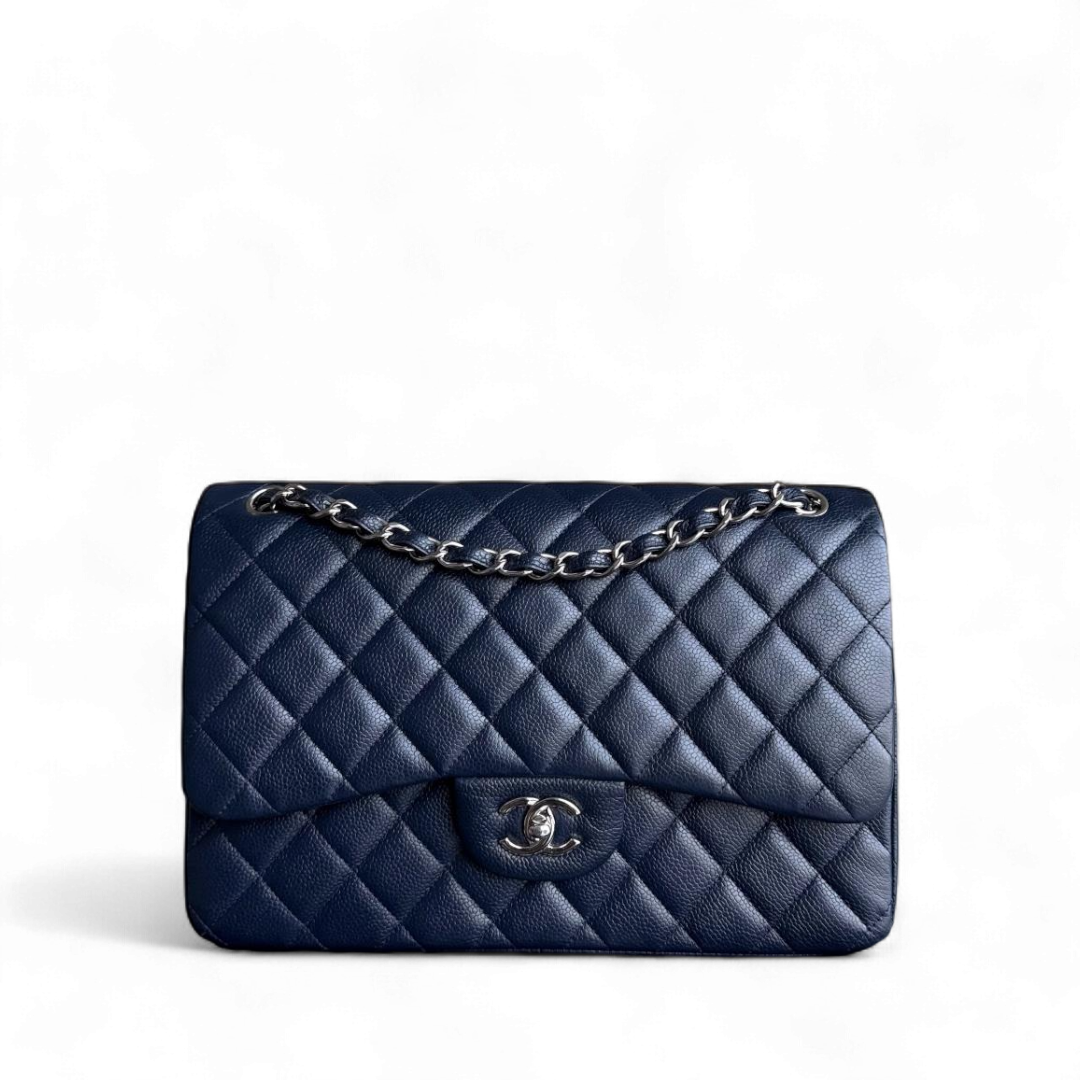 Chanel Classic Flap Jumbo - Caviar Double Flap 30CM Quilted Dark Navy Blue Silver Hardware Series 19