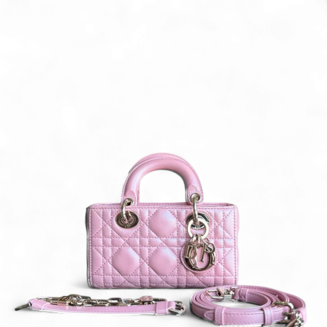 Dior D-Joy Micro - Cannage Lambskin Iridescent Pink Gold Hardware 17CM
