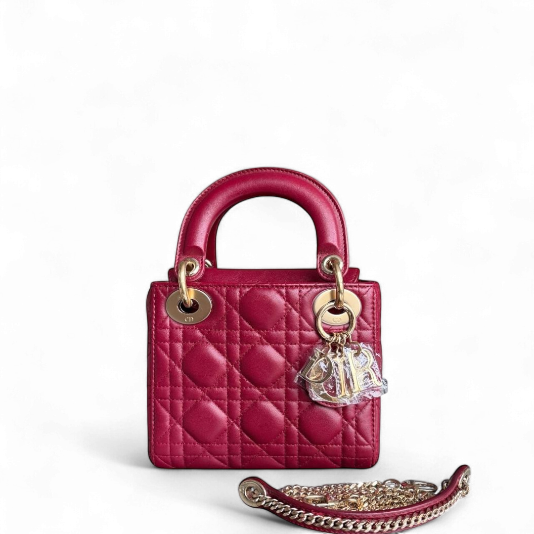 Dior Lady Mini - Cannage Lambskin Burgundy Gold Hardware