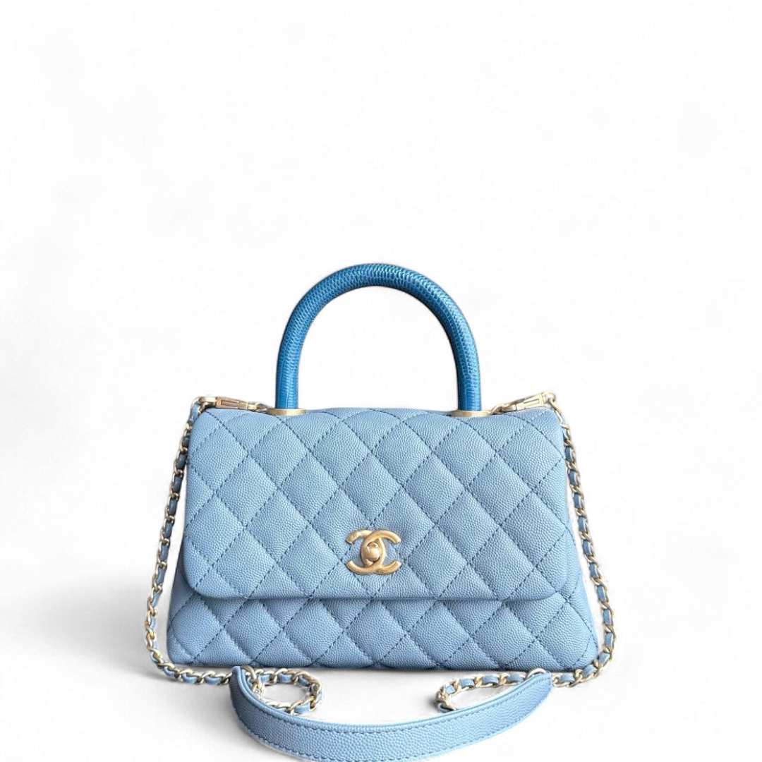 Chanel Coco Handle Small - Caviar 25CM Quilted Grained Calfskin Light Sky Blue Gold Hardware Series 27