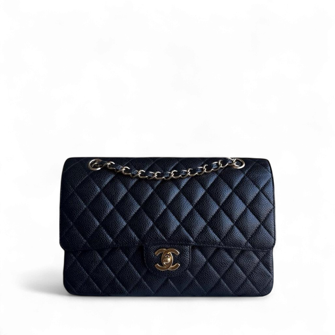 CHANEL 25S CLASSIC FLAP 19 CM IN MAUVE PINK CAVIAR LEATHER WITH GOLD HARDWARE
