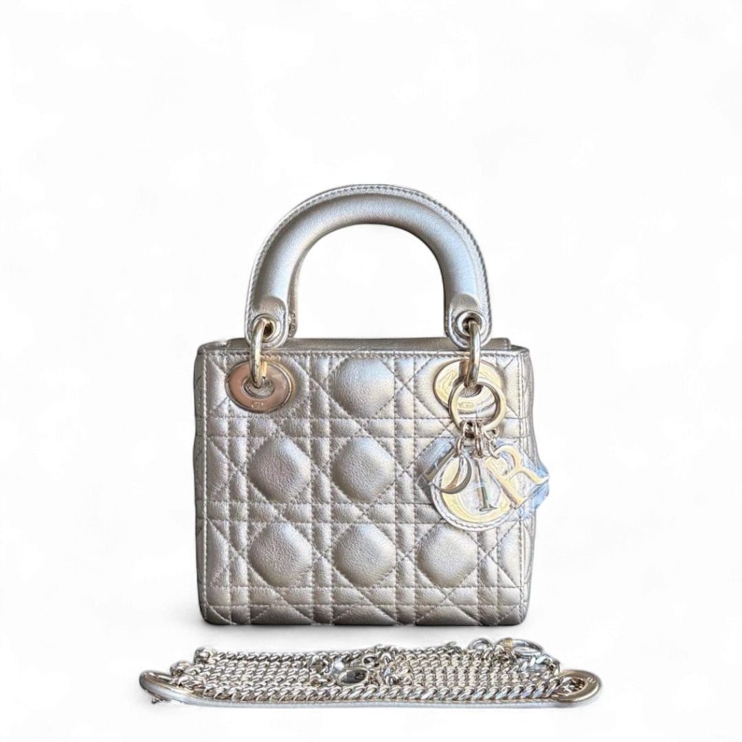 Dior Lady Mini - Cannage Calfskin Metallic Gold Gold Hardware Chain Strap