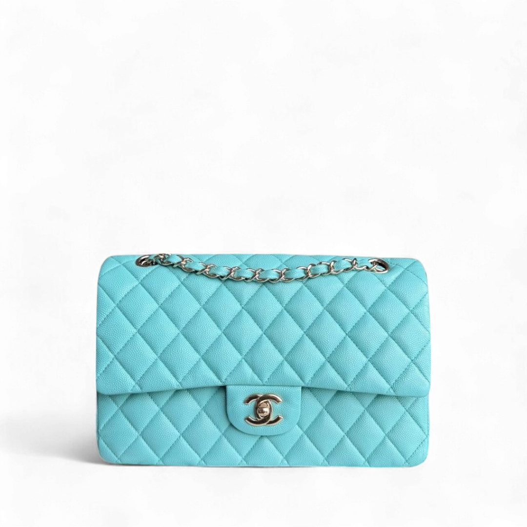 Chanel Classic Flap Medium - Caviar 25CM Quilted Grained Calfskin Light Blue Gold Hardware Series 26