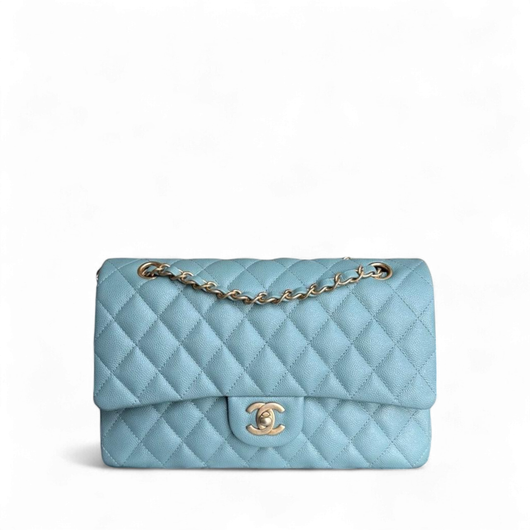 Chanel Classic Flap Medium - Caviar 25CM Quilted Grained Calfskin Light Blue Gold Hardware Series 25