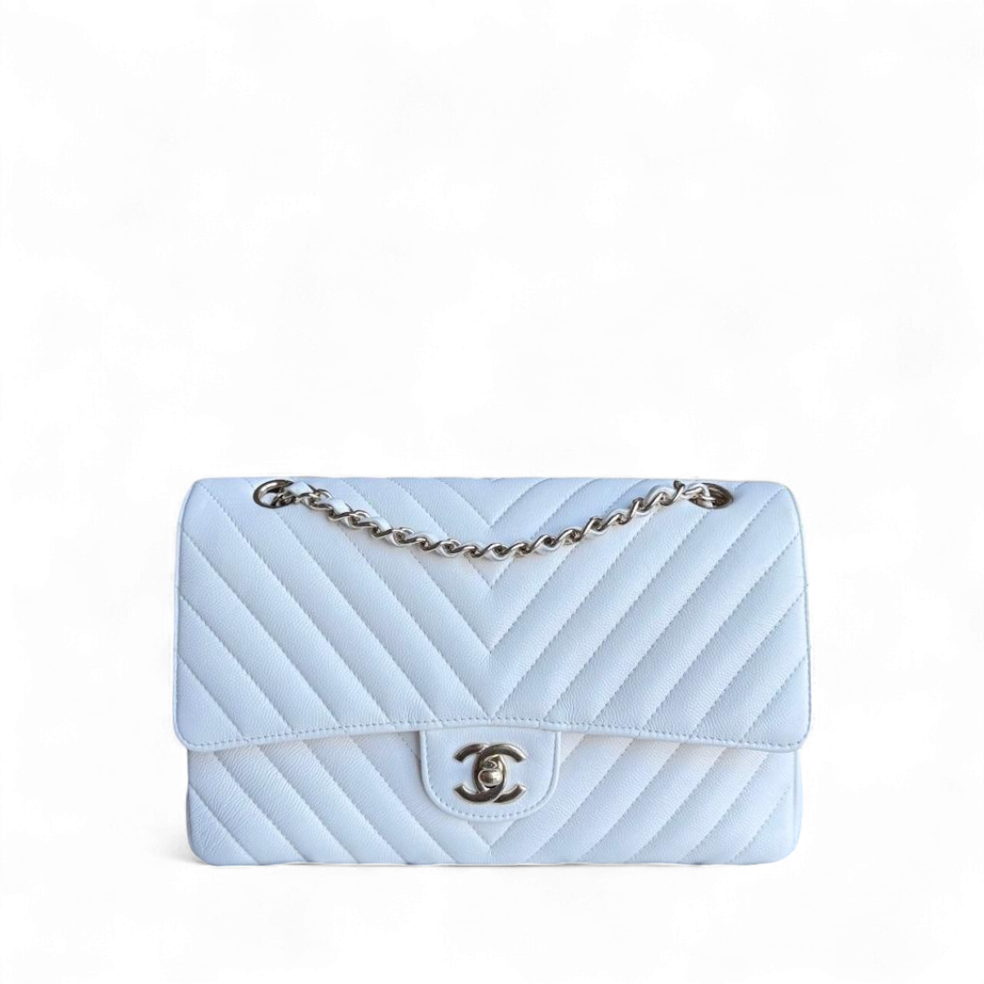 Chanel Classic Flap Medium - Caviar Chevron Grained Calfskin White Gold Hardware Series 31