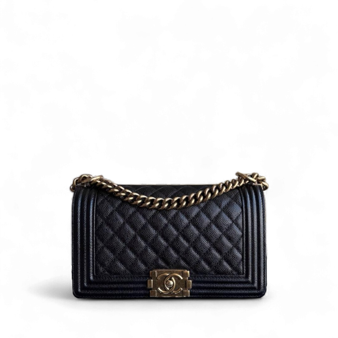 Chanel Boy Old Medium - Caivar Quilted Grained Calfskin Black Ruthenium Gold Hardware Series 19