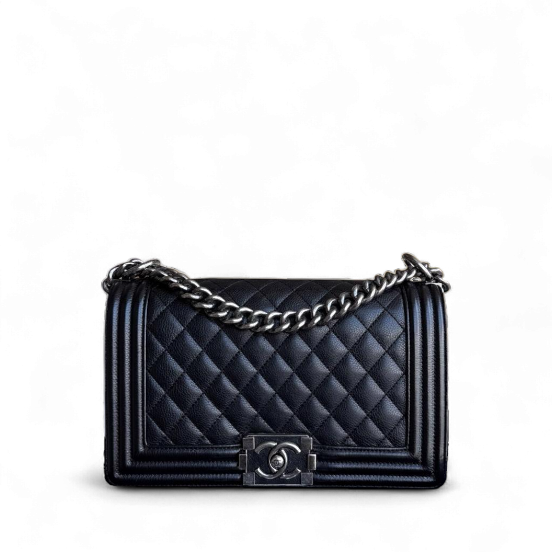Chanel Boy Medium - 25CM Quilted Grained Calfskin Black Silver Hardware Series 23