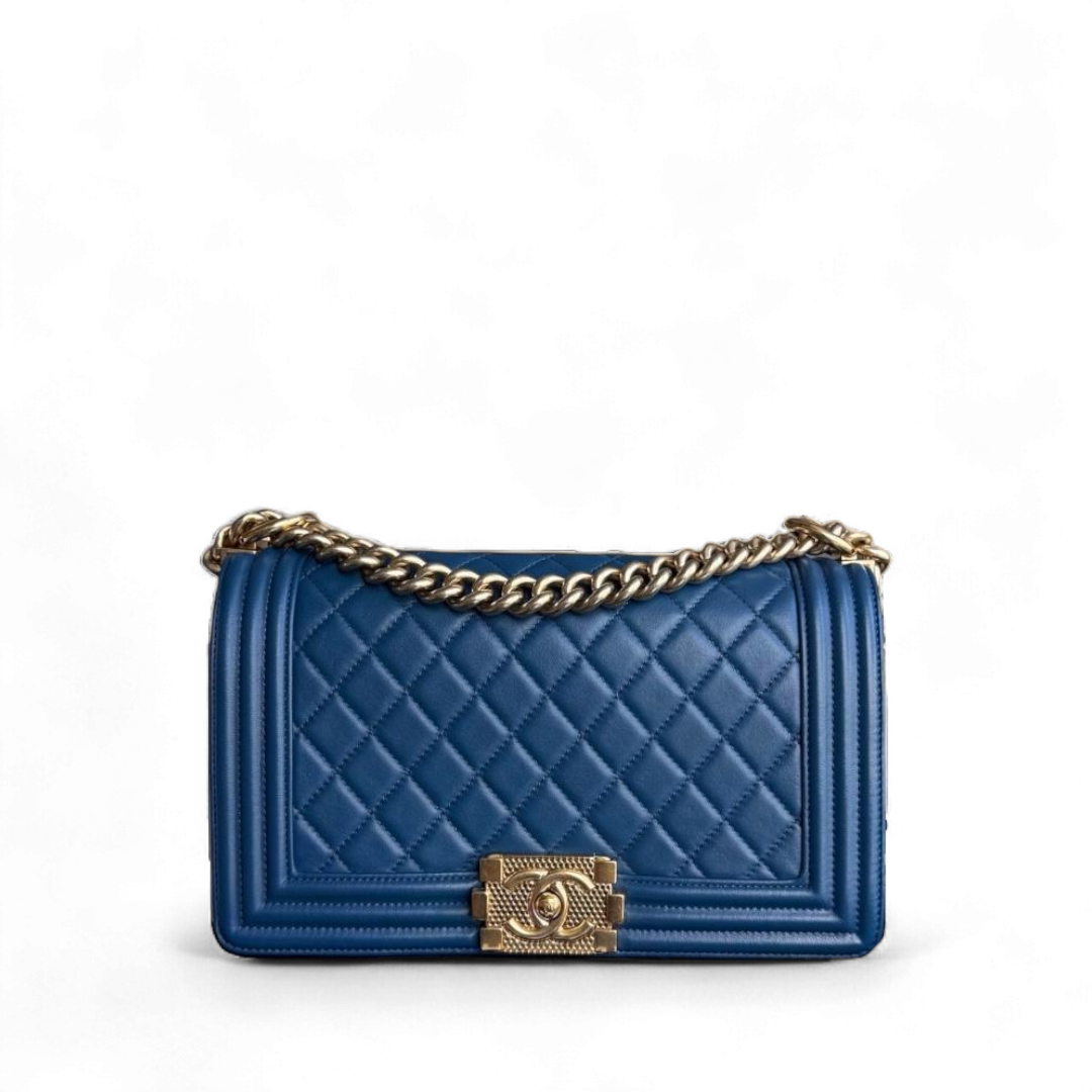 Chanel Boy Old Medium - Quilted Lambskin Blue Gold Hardware Series 23