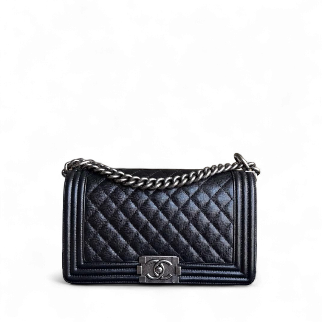 Chanel Boy Medium - Caviar 25CM Quilted Grained Calfskin Black Ruthenium Silver Hardware