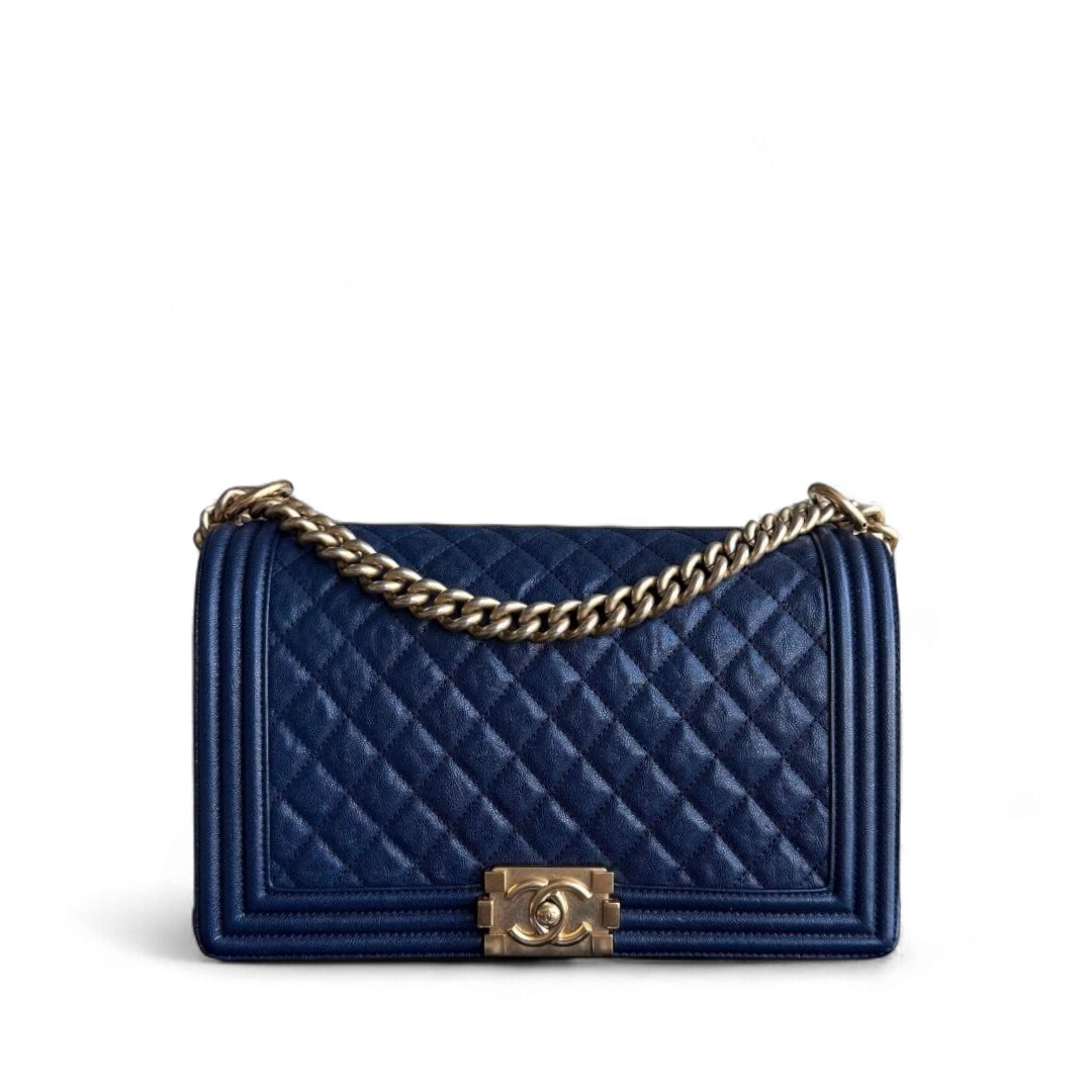 Chanel Boy New Medium - Caviar 28CM Quilted Grained Calfskin Dark Navy Blue Gold Hardware Series 26
