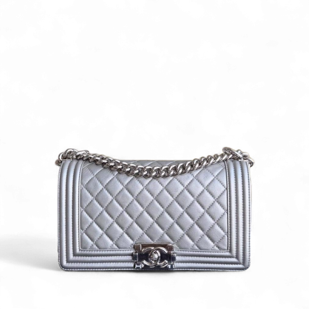 Chanel Boy Medium - Caviar 25CM Quilted Grained Calfskin Iridescent Silver Hardware Sereis 24