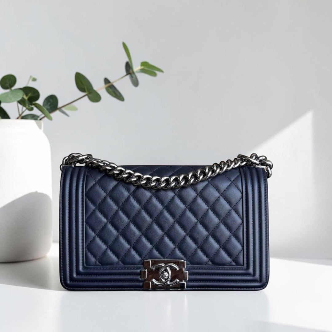Chanel Boy Medium - 25CM Quilted Calfskin Dark Midnight Blue Silver Hardware Series 20