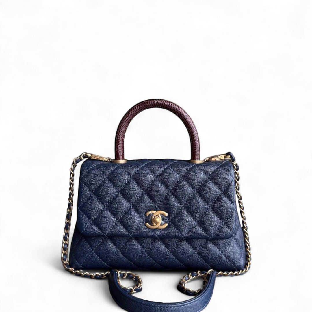 Chanel Coco Handle Small - Caviar Quilted Grained Calfskin Dark Navy Blue Lizard Handle Gold Hardware Series 24
