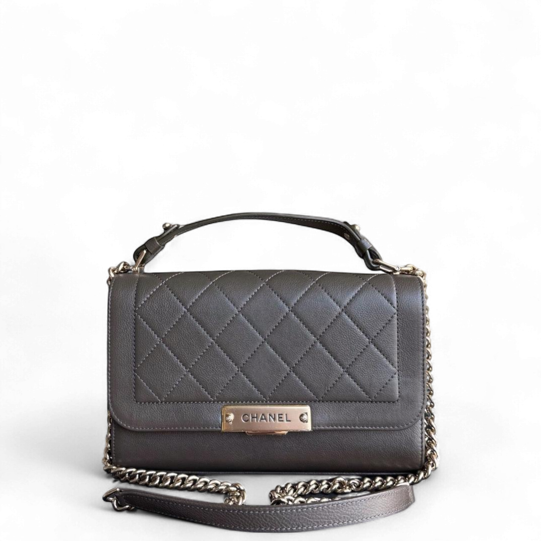 Chanel Label Click Medium - 25CM Quilted Calfskin Dark Olive Green Gold Hardware Series 23