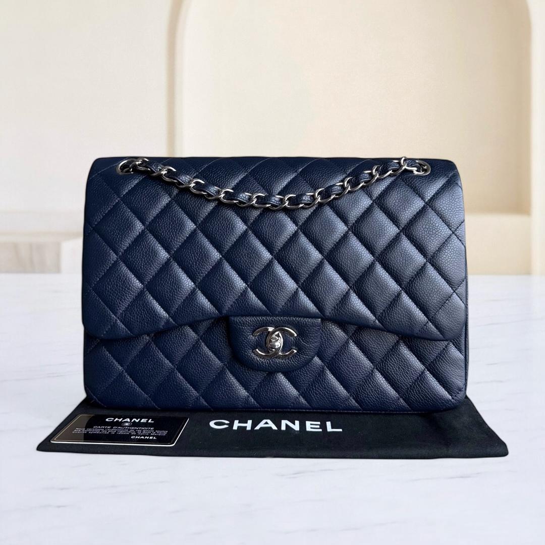 Chanel Classic Flap Jumbo - Caviar Double Flap 30CM Quilted Dark Navy Blue Silver Hardware Series 19