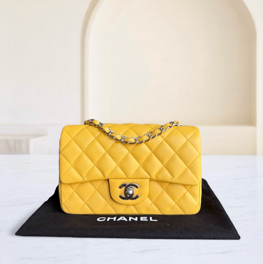 Chanel Classic Flap Mini - 20CM Quilted Lambskin Yellow Silver Hardware Series 25