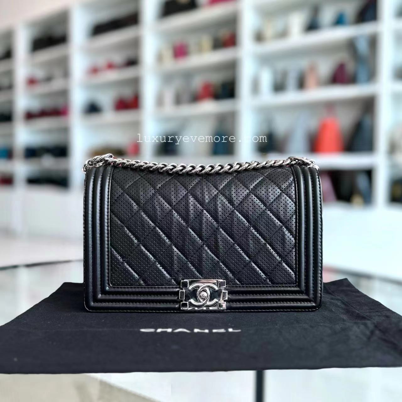 Chanel Boy Medium - 28CM Quilted Lambskin Perforated Black Silver Hardware Series 19