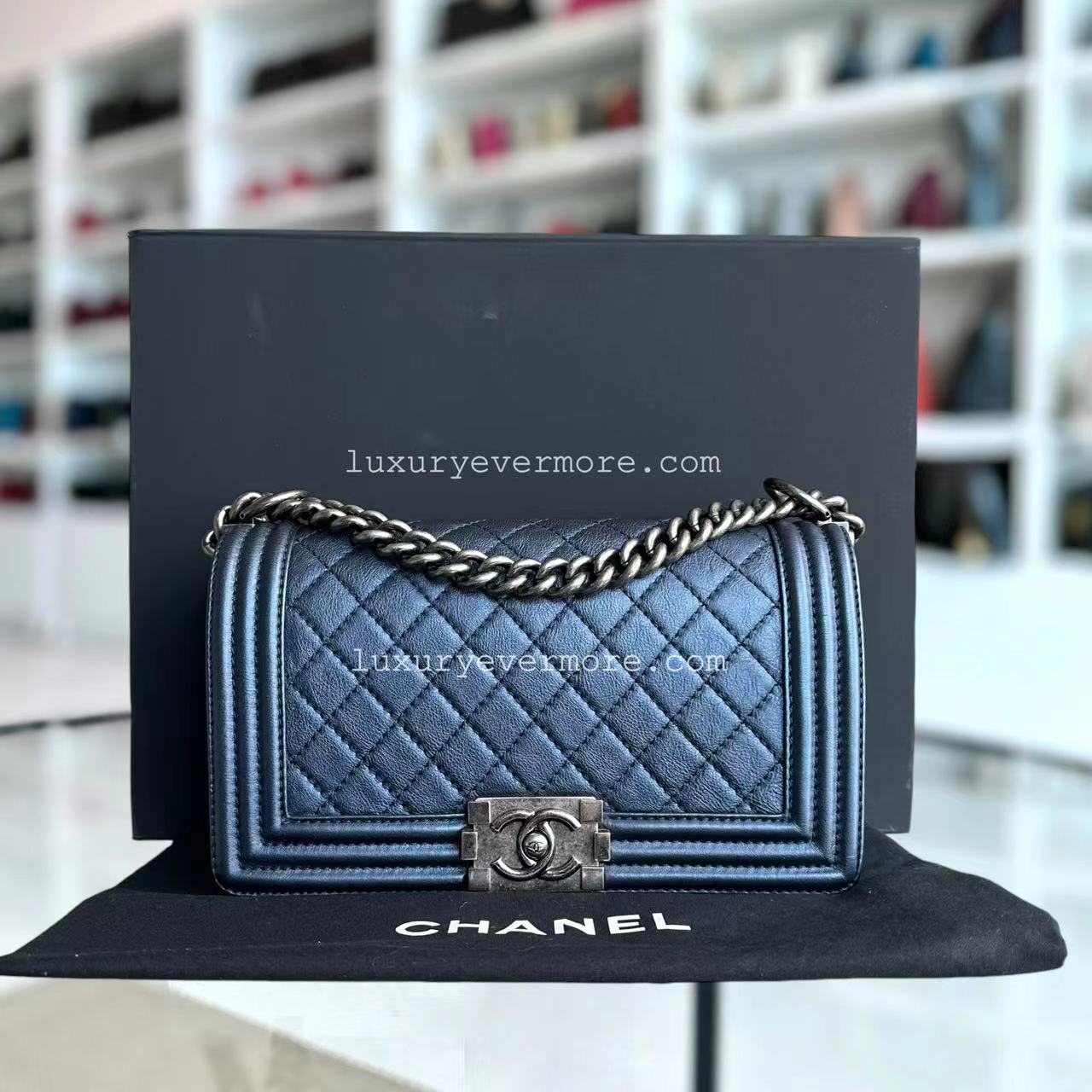 Chanel Boy - Old Medium Calfskin Metallic Blue Ruthenium Silver Hardware Series 18