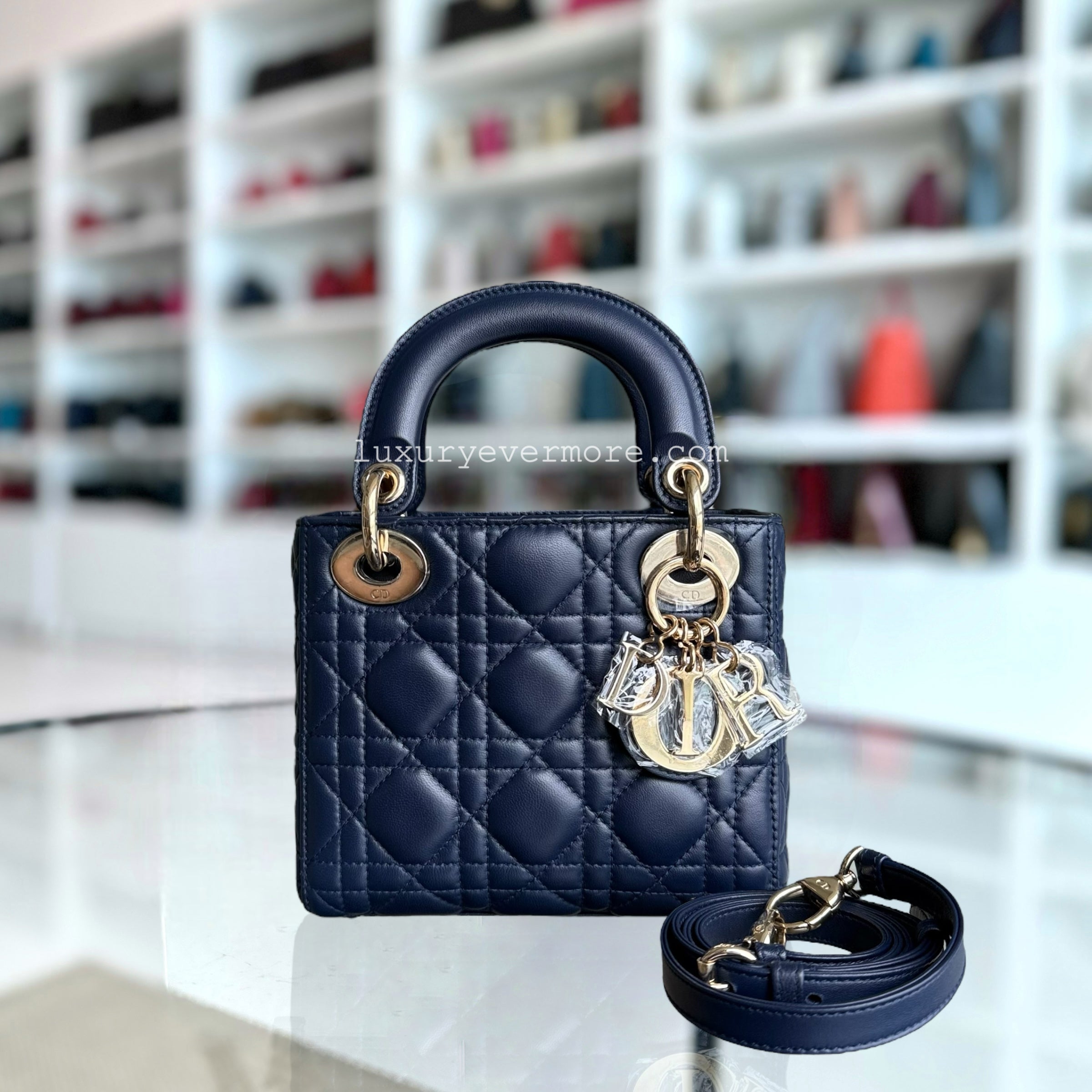 Dior Lady Mini - Cannage Lambskin Dark Navy Blue Gold Hardware