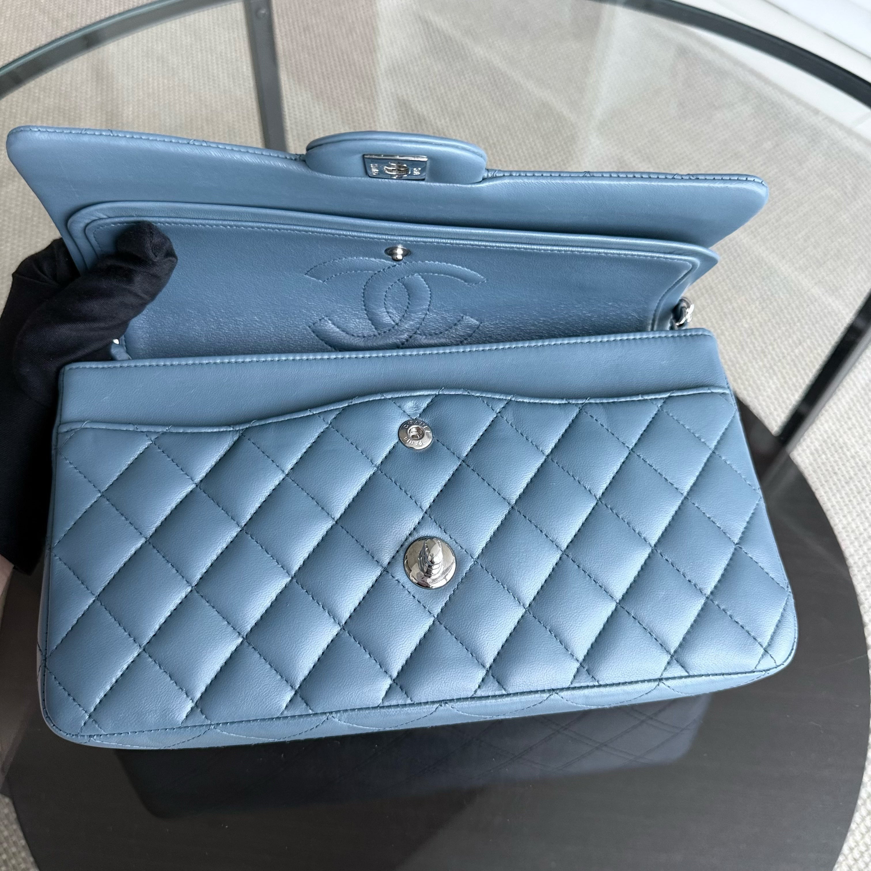 Chanel Classic Flap Medium - 25CM Quilted Lambskin Haze Blue Silver Hardware & Balance of Chanel PST RED