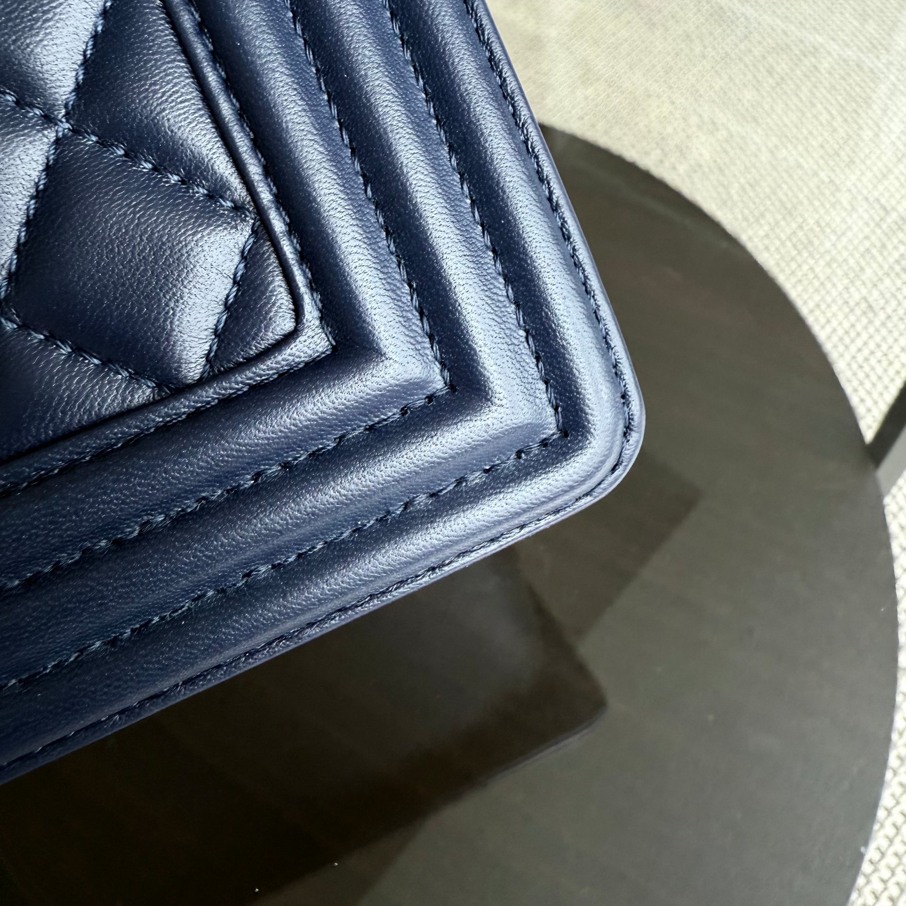 Chanel Boy Medium - 25CM Quilted Lambskin Dark Navy Blue Gold Hardware Series 22