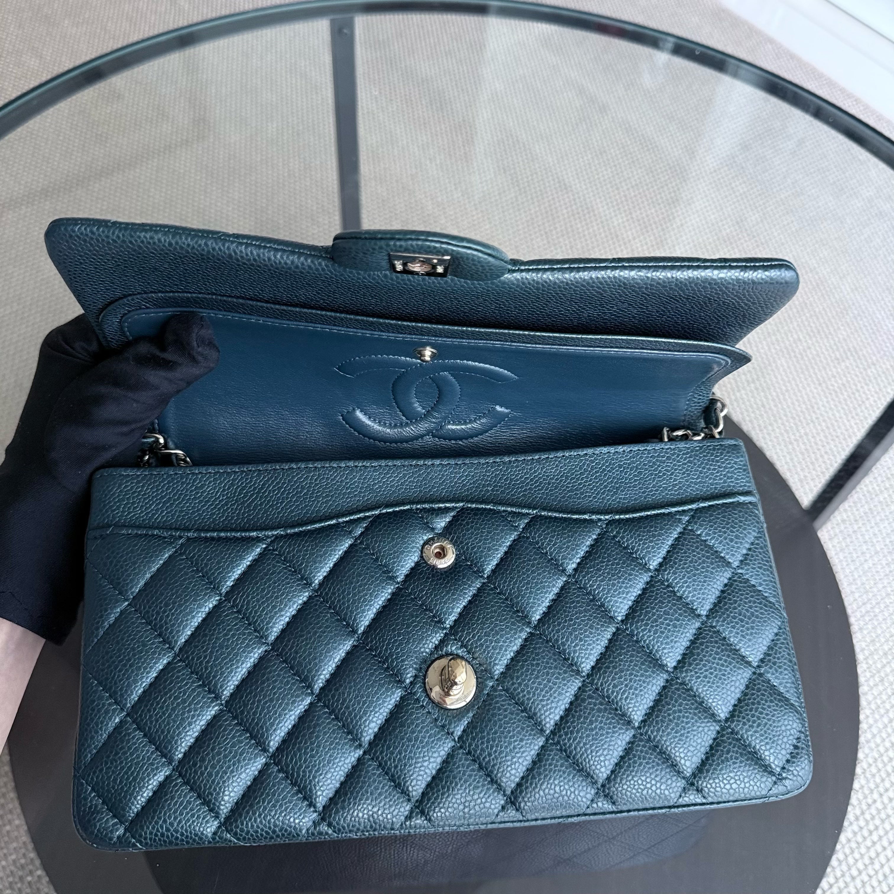 Chanel Classic Flap Medium - Caviar 25CM Quilted Iridescent Dark Blue Gold Hardware Series 25