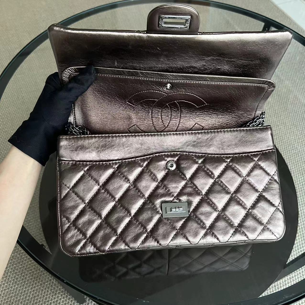 Chanel 2.55 Reissue 226 28CM Quilted Calfskin Metallic Bronze Silver Hardware Series 12