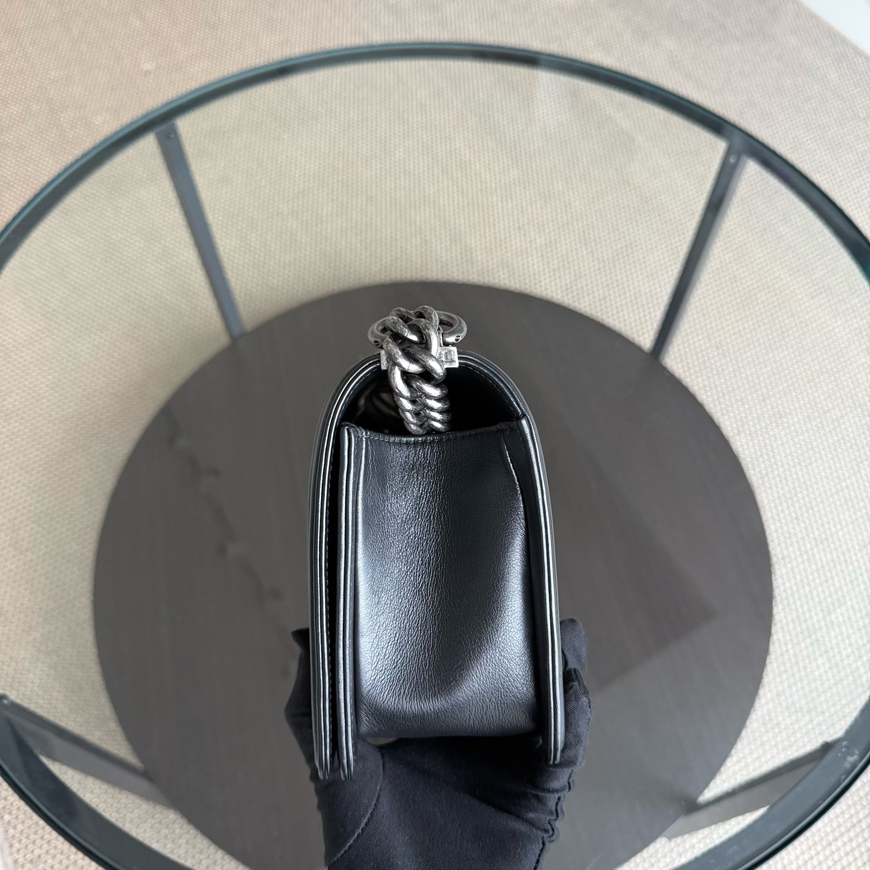 Chanel Boy Medium - Grained Calfskin 25CM Quilted Black Ruthenium Silver Hardware Series 24