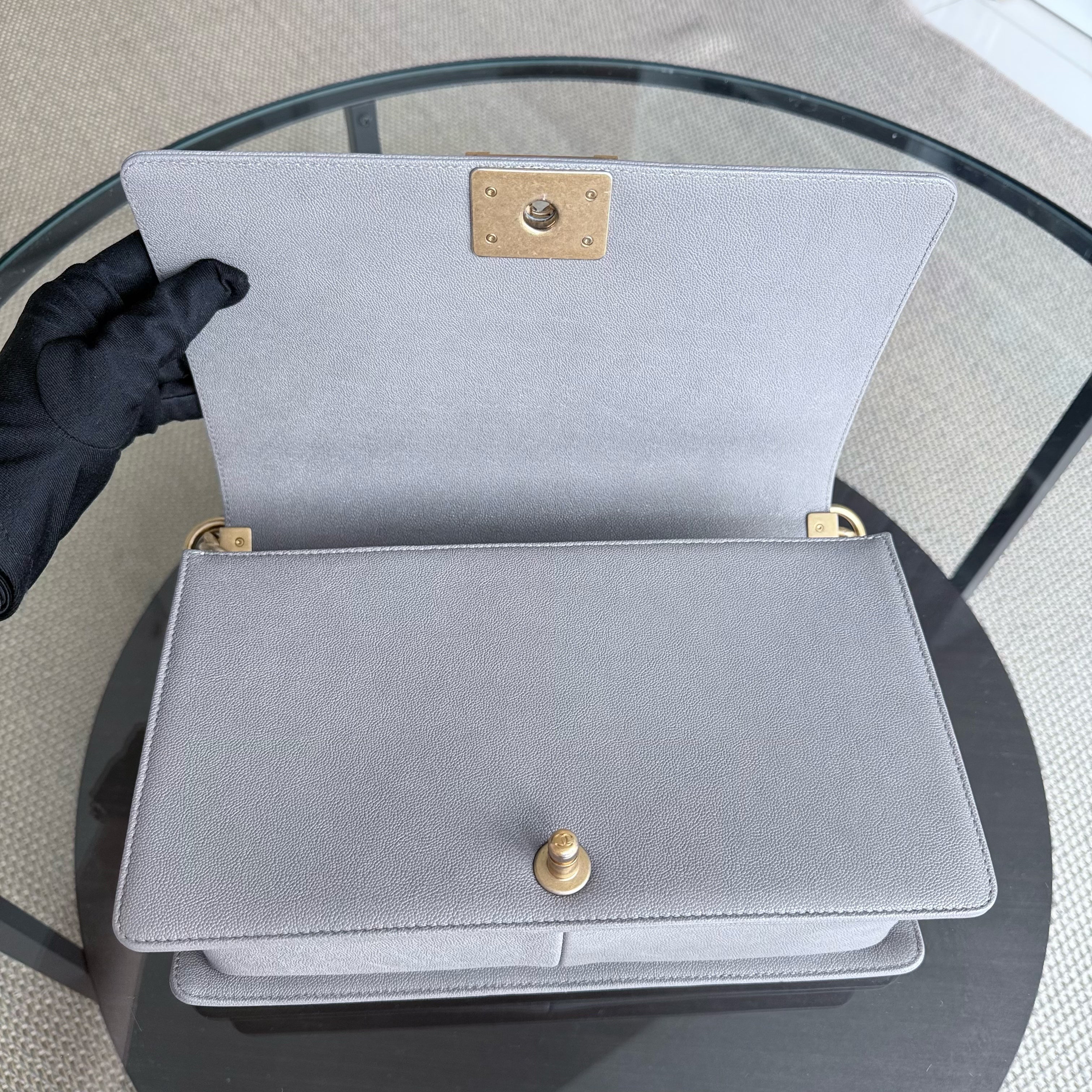 Chanel Boy Medium - Caviar 28CM Quilted Grey Gray Gold Hardware Series 26