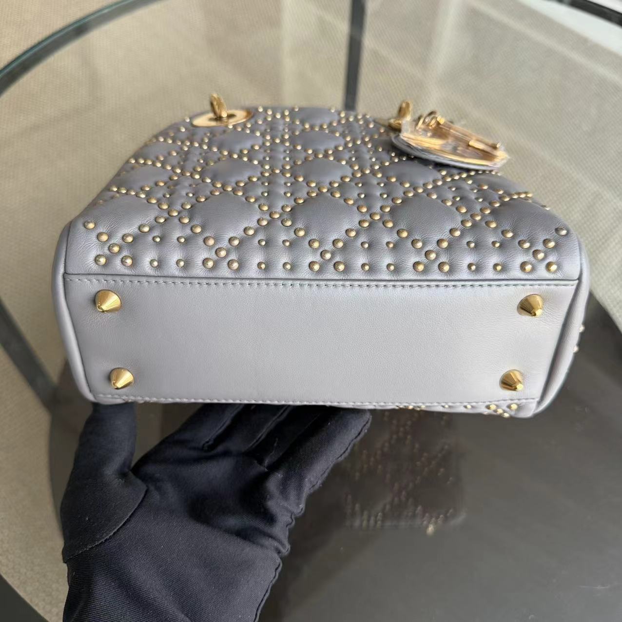 Dior Small Lady Shoulder Bag - Studded Cannage Grey Gray Golden Hardware