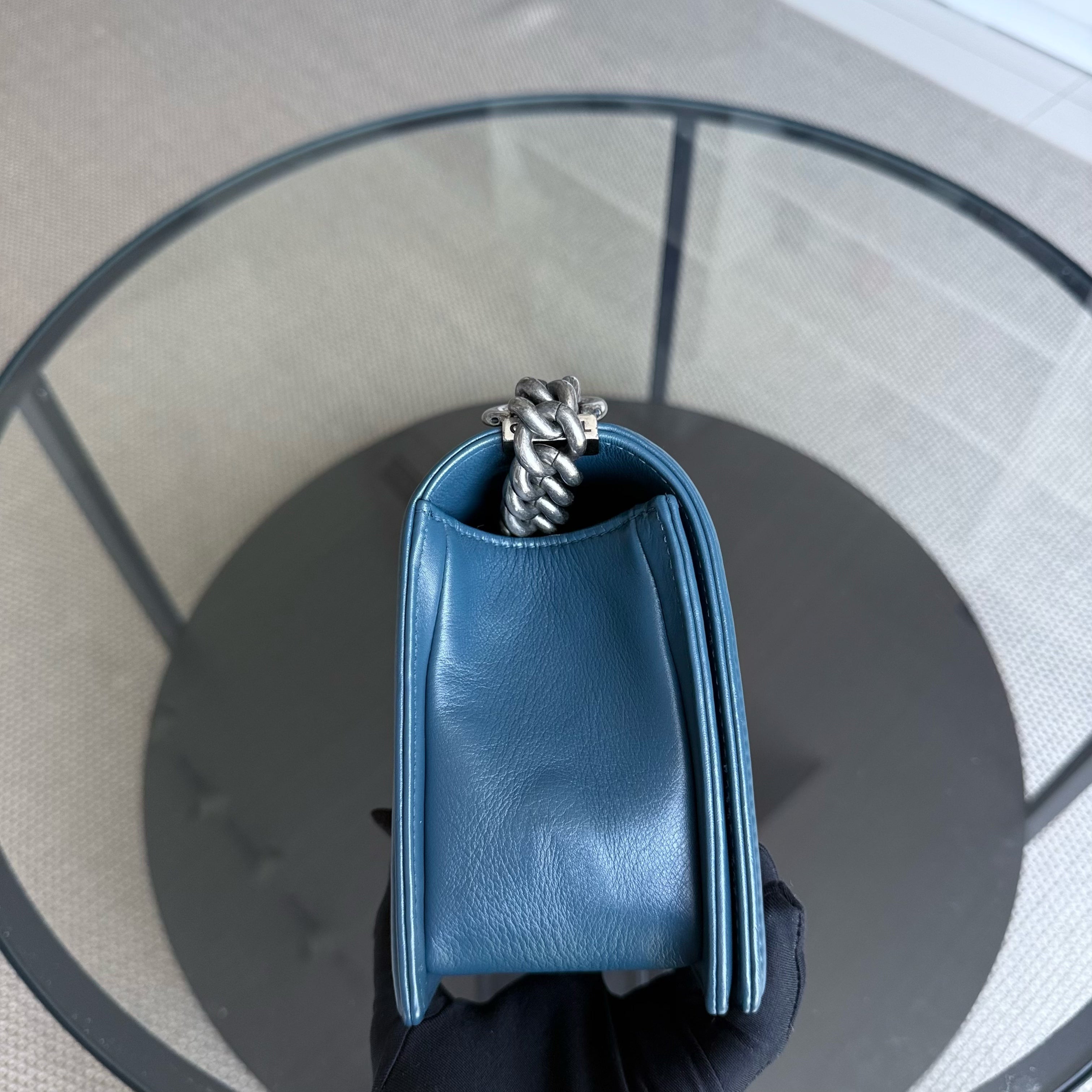 Chanel Boy Medium - Calfskin 25CM Quilted Blue Ruthenium Silver Hardware Series 26