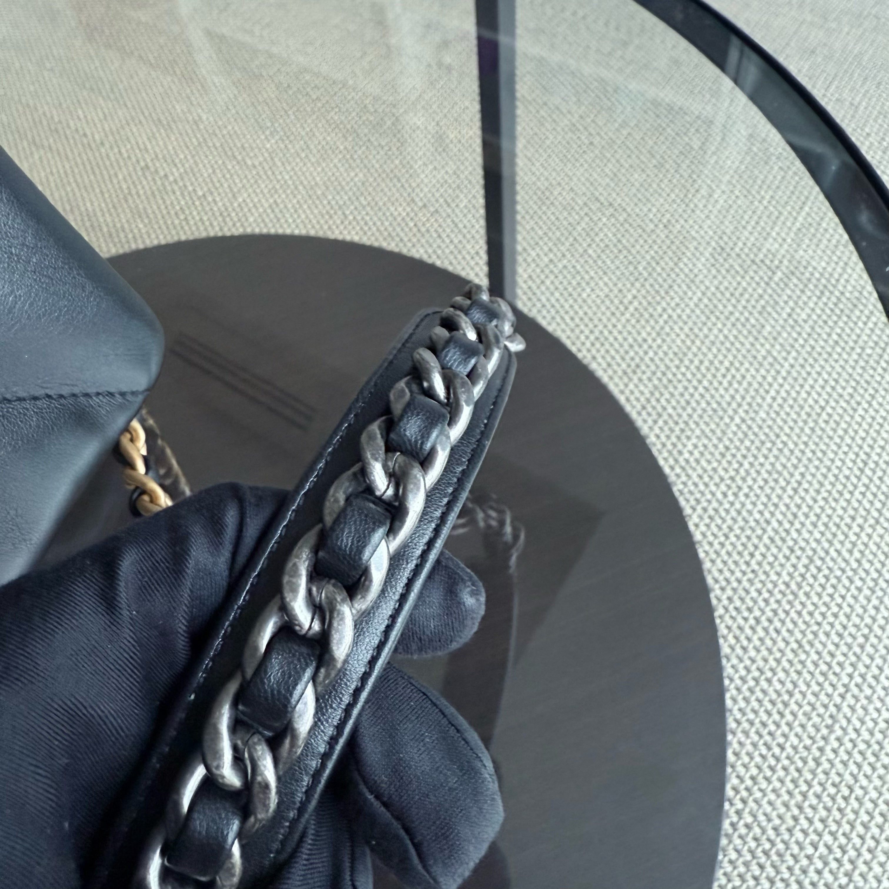 Chanel 19 Bag C19 Small - Quilted Shiny Goatskin Black Two-tone Gold Silver Hardware