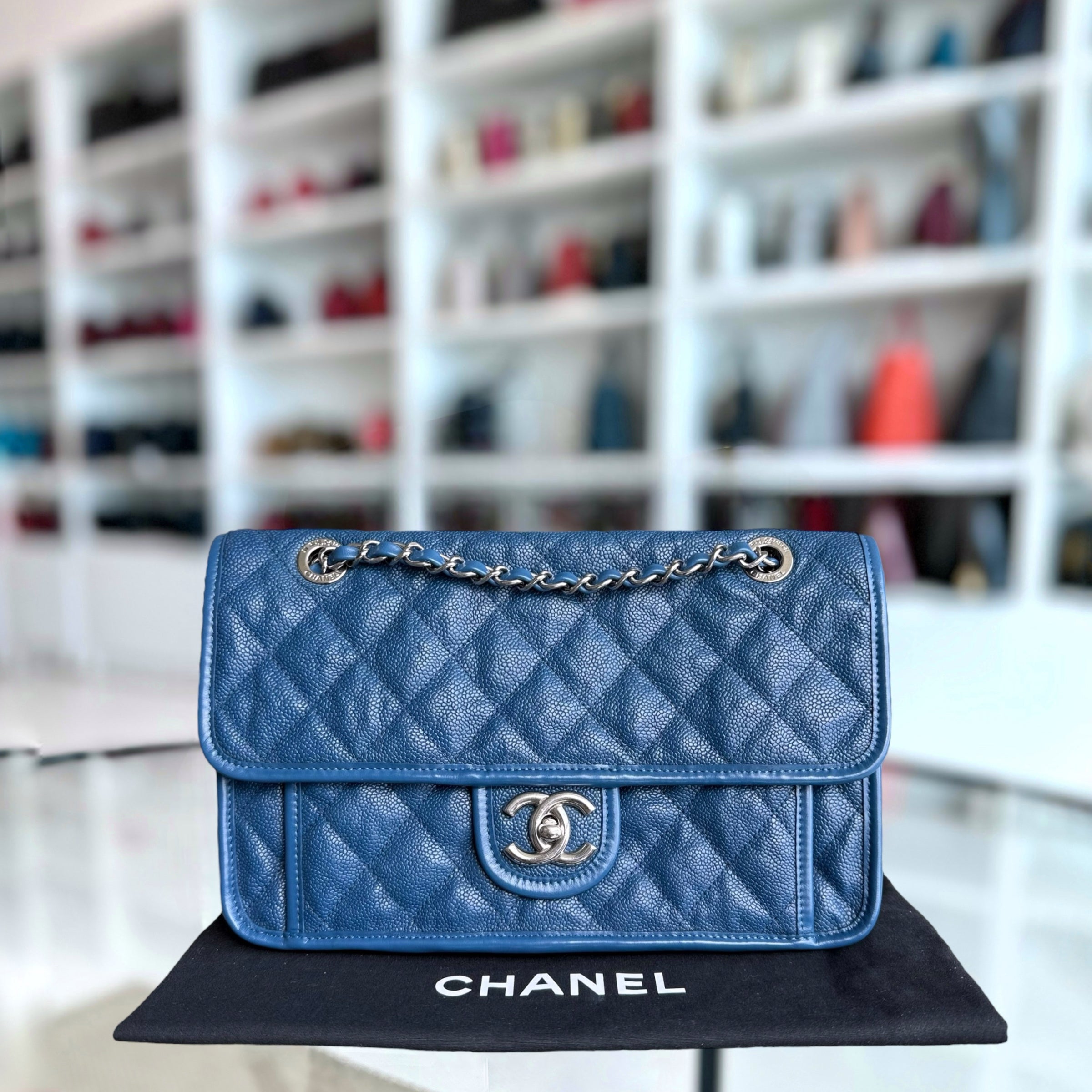 Chanel French Riviera Medium - Caviar Quilted Blue Silver Hardware Series 15