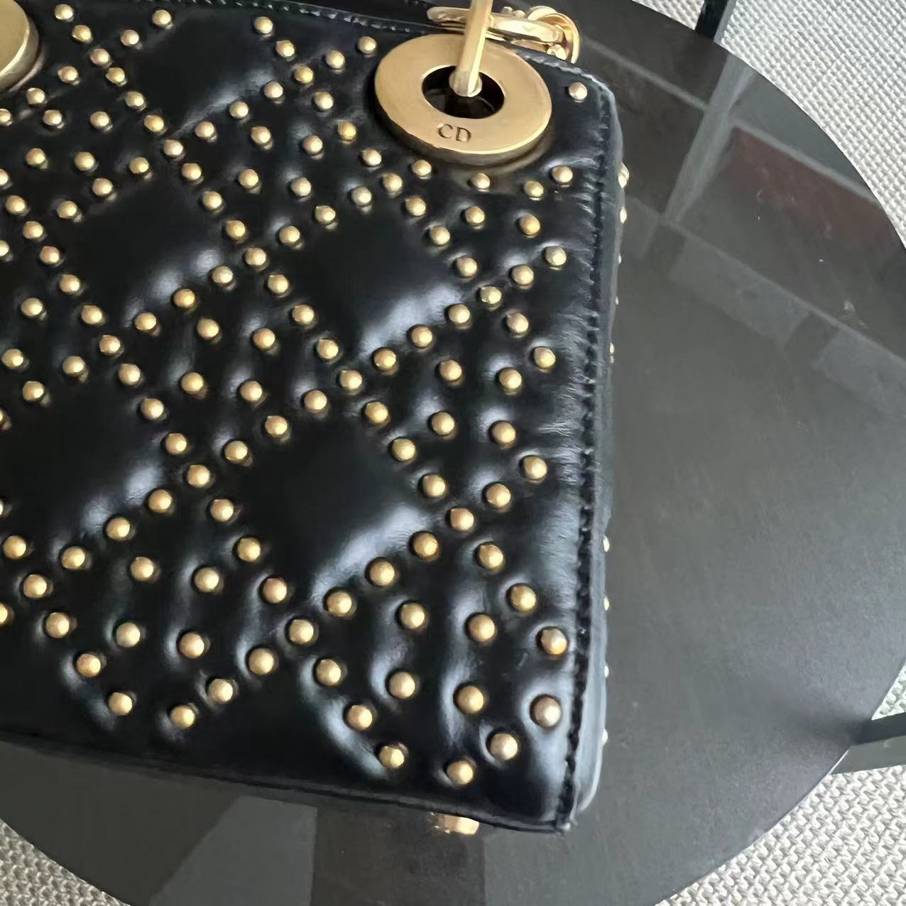 Lady Mini Studded Cannage Calfskin Black Golden Hardware