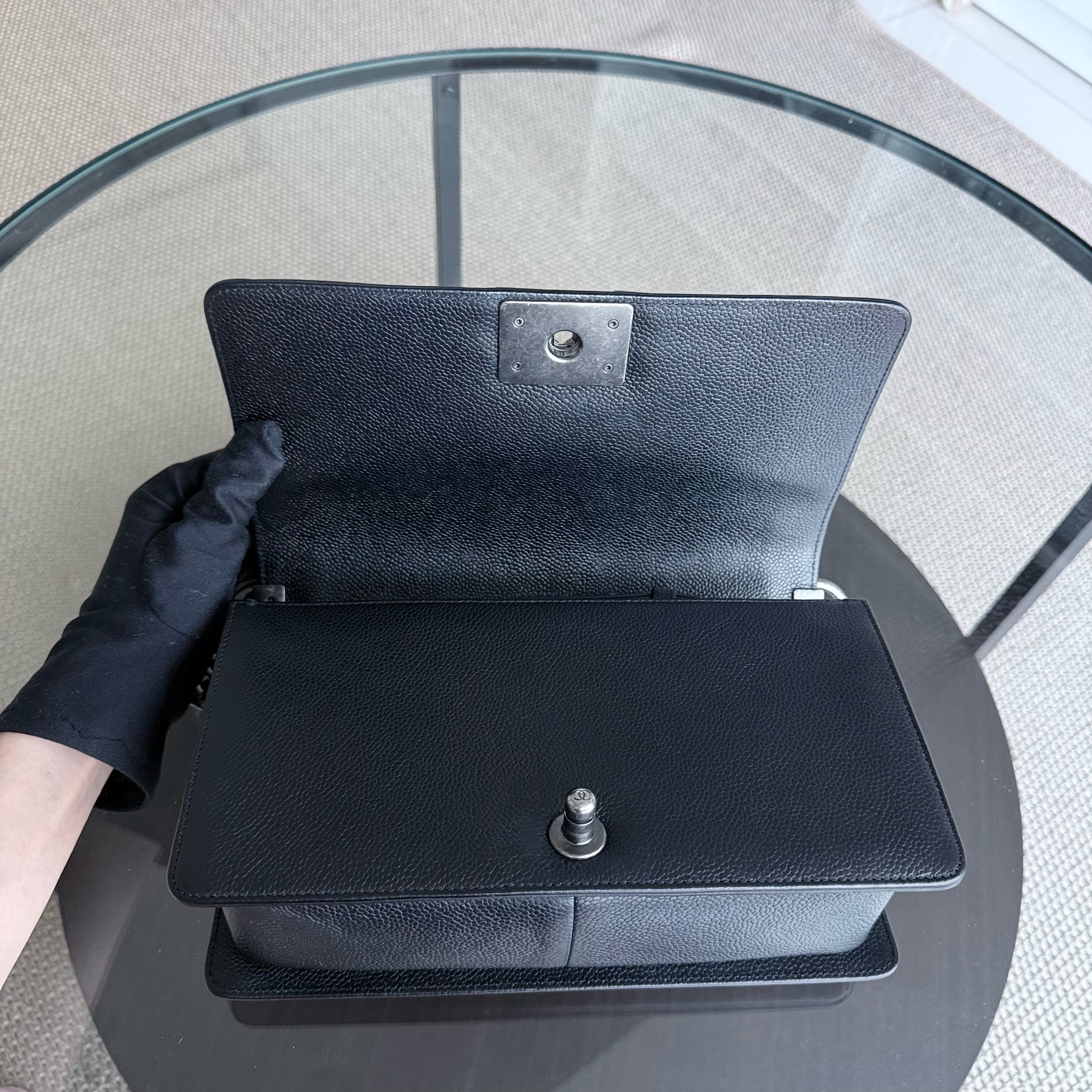 Chanel Boy Medium - Caviar 25CM Chevron Black Ruthenium Silver Hardware Series 29