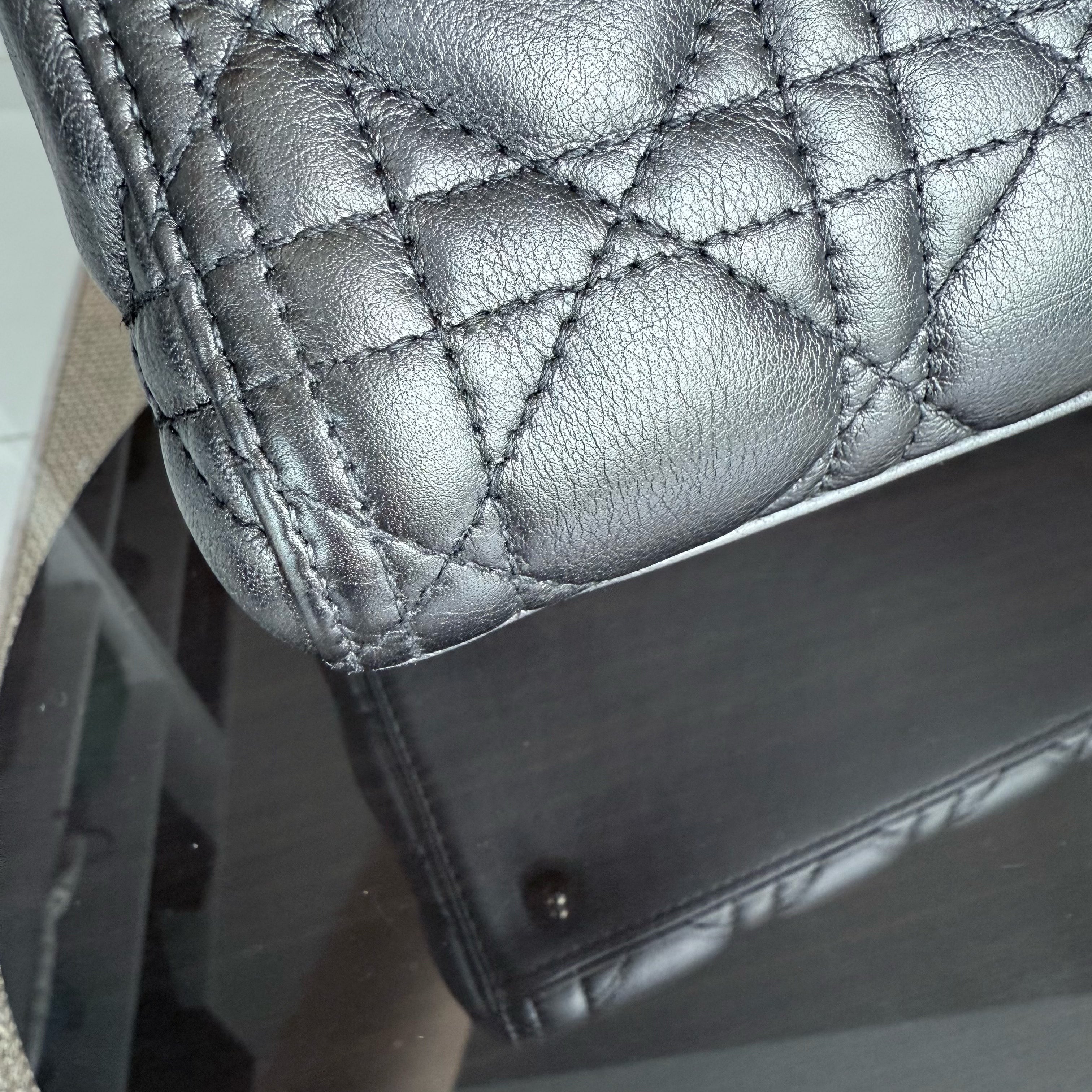 Dior Lady Medium - Cannage Calfskin Metallic Silver Gunmetal Gold Hardware Adjustable Strap